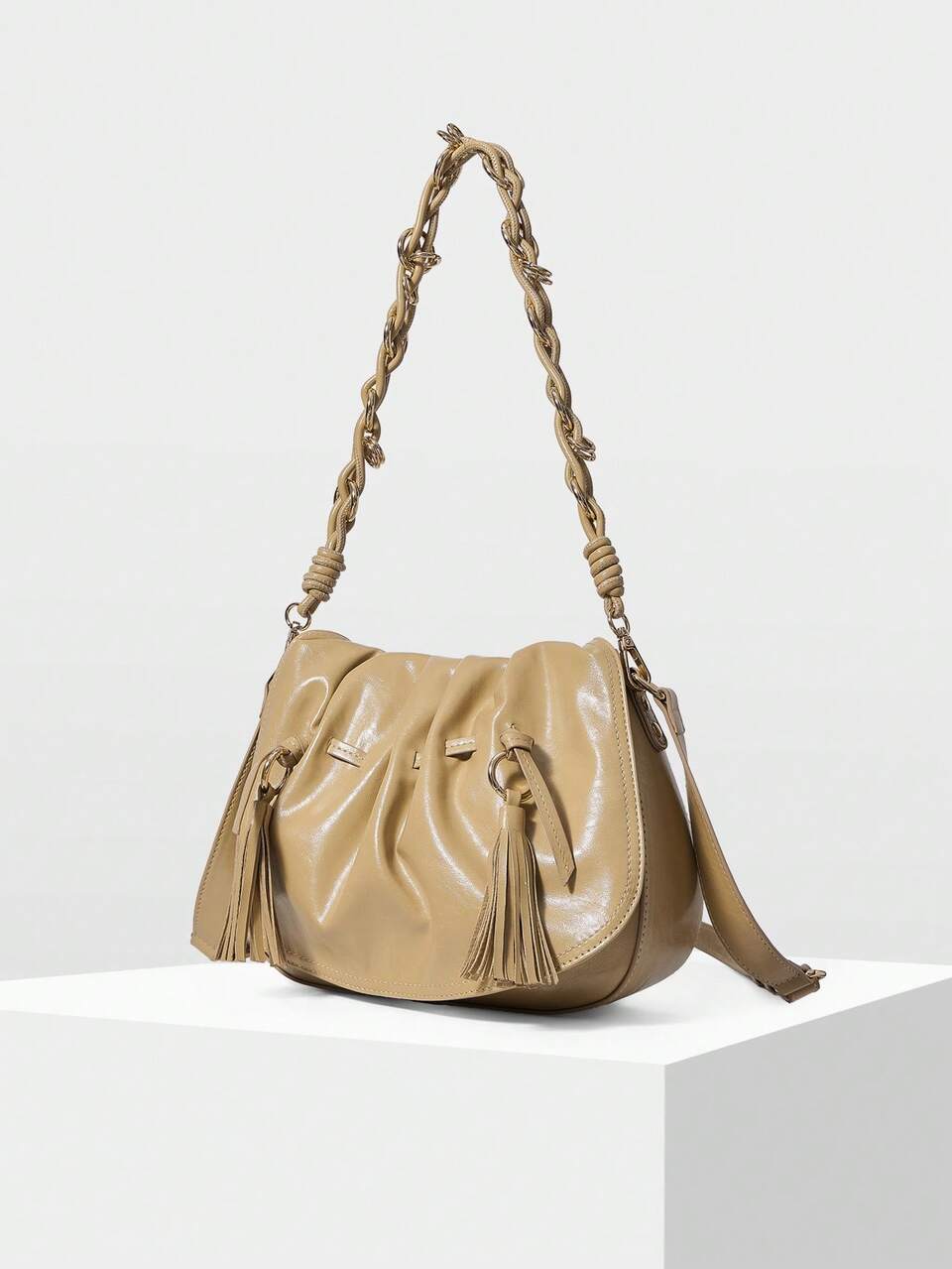 MOTF WOMEN'S FASHION KHAKI SHOULDER BAG, EXQUISITE FRINGED CHAIN, SOFT PLEATED BUNDLE FLAP SADDLE BAG FOR DAILY, COMMUTING, TRAVEL, VACATION, FESTIVAL