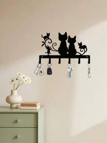 Black Cat Metal Wall Key Holder, Cat Silhouette Wall-Mounted Key Hook Rack, Decorative Metal Key Hanger For Entryway, Living Room, Bedroom, Apartment, Office, Exquisite Home Decor - Black - View 4