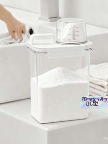 1Pc Plastic Laundry Detergent Dispenser With Lid, Leak‑Proof Sealed Storage Container, For Laundry Powder And Liquid Detergent, Ideal For Home Bathrooms, Laundry Rooms, Hotels And More. - White - View 1
