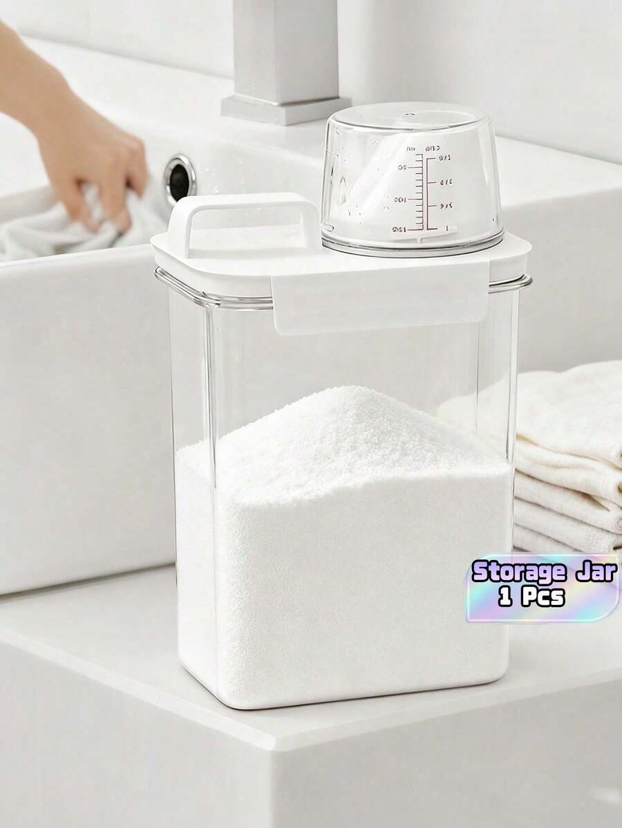 1Pc Plastic Laundry Detergent Dispenser With Lid, Leak‑Proof Sealed Storage Container, For Laundry Powder And Liquid Detergent, Ideal For Home Bathrooms, Laundry Rooms, Hotels And More. - White - View 1