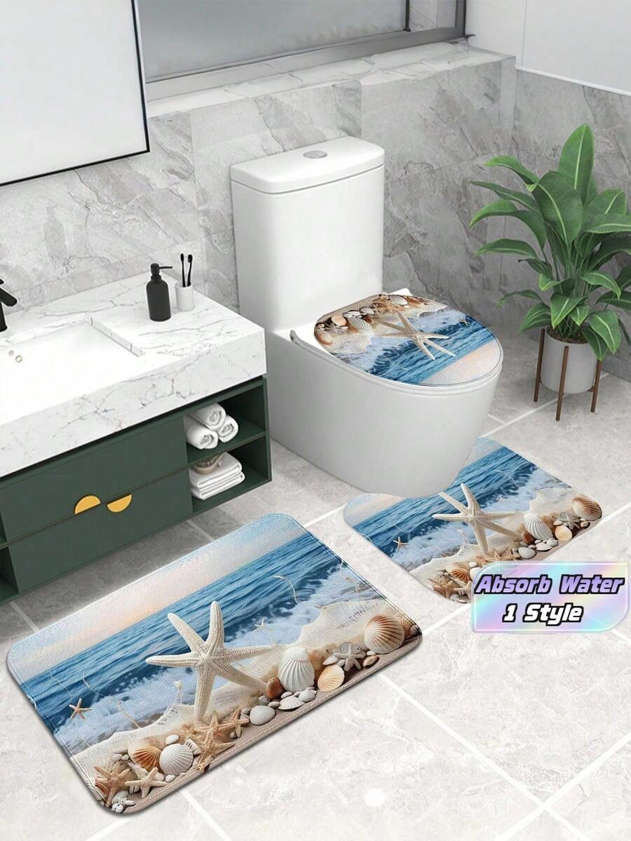 3pcs Ocean Coastal Starfish Beach Pattern Bath Mat, Soft Faux Wool 1200g/㎡ Polyester Fiber Bathroom Rug, 10mm Thick, TPR Non-Slip Bottom, Foldable Easy Care Carpet Mat, Modern Thick Absorbent Non-Slip Floor Mat, Decorative Carpet - multicolor - View 1