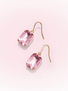 Popjeli 18k Gold-Plated Exaggerated Diamond-Set Square Pink Light Luxury High-End Earrings - Pink - View 6