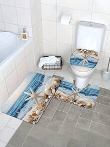 3pcs Ocean Coastal Starfish Beach Pattern Bath Mat, Soft Faux Wool 1200g/㎡ Polyester Fiber Bathroom Rug, 10mm Thick, TPR Non-Slip Bottom, Foldable Easy Care Carpet Mat, Modern Thick Absorbent Non-Slip Floor Mat, Decorative Carpet - multicolor - View 2