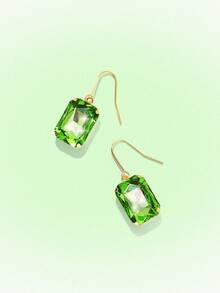 Popjeli 18k Gold-Plated Exaggerated Diamond-Set Square Green Light Luxury High-End Earrings - Green - View 6
