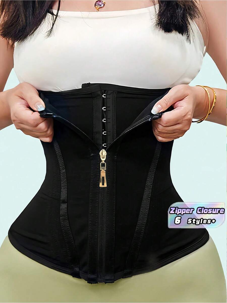 1PC High Compression Zipper Waist Trainer Corset For Women Tummy Control Body Shaper With Hook And Eye Double Layer Shapewear For Hourglass Figure Postpartum Workout Daily Use - Black - View 1