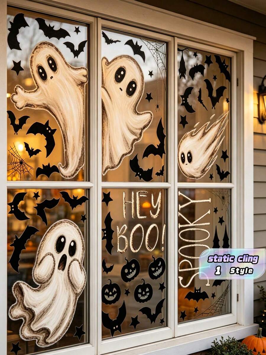 Halloween Static Window Cling Stickers, Skeleton Spider Pumpkin Designs, Reusable Easy Peel & Stick, Perfect For Party, Home, Office, Store Window, Seasonal Decor - Multicolor - View 1