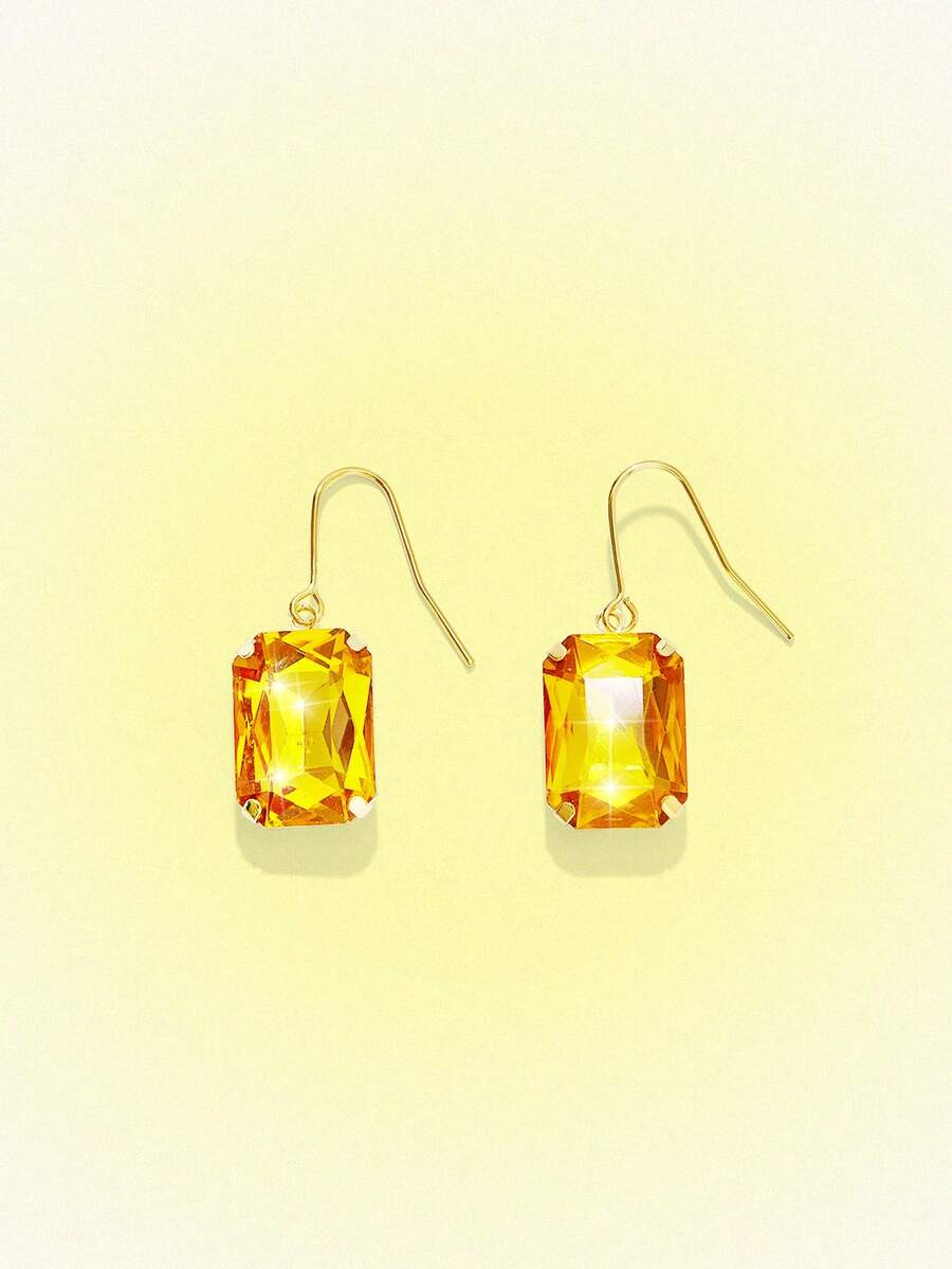 Popjeli 18k Gold-Plated Exaggerated Diamond-Set Square Yellow Light Luxury High-End Earrings - Yellow - View 1