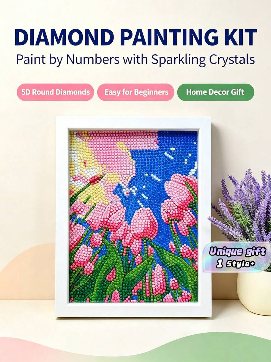 粉色鬱金香鑽石畫套件附框 - 5D DIY 全鑽花卉藝術,適合成人的初學者手工藝,居家裝飾牆面藝術,獨特禮物創意 - 多色1 - 查看 1
