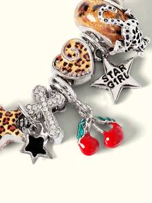 Popjeli Gelang Motif Leopard dan Cherry Charm 1, Gelang DIY Retro Cinta untuk Gadis Bintang - Perak - View 10