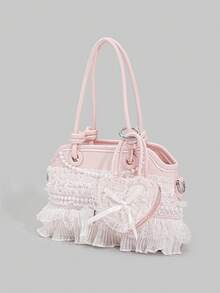 ROMWE Kawaii 1 Buah Tas Tangan Lucu Berenda dan Berkerut, Tas Selempang Gaya Preppy Y2K dengan Dekorasi Pita, Tas Modis untuk Pakaian Kembali ke Sekolah & Liburan - Berwarna merah muda - View 3