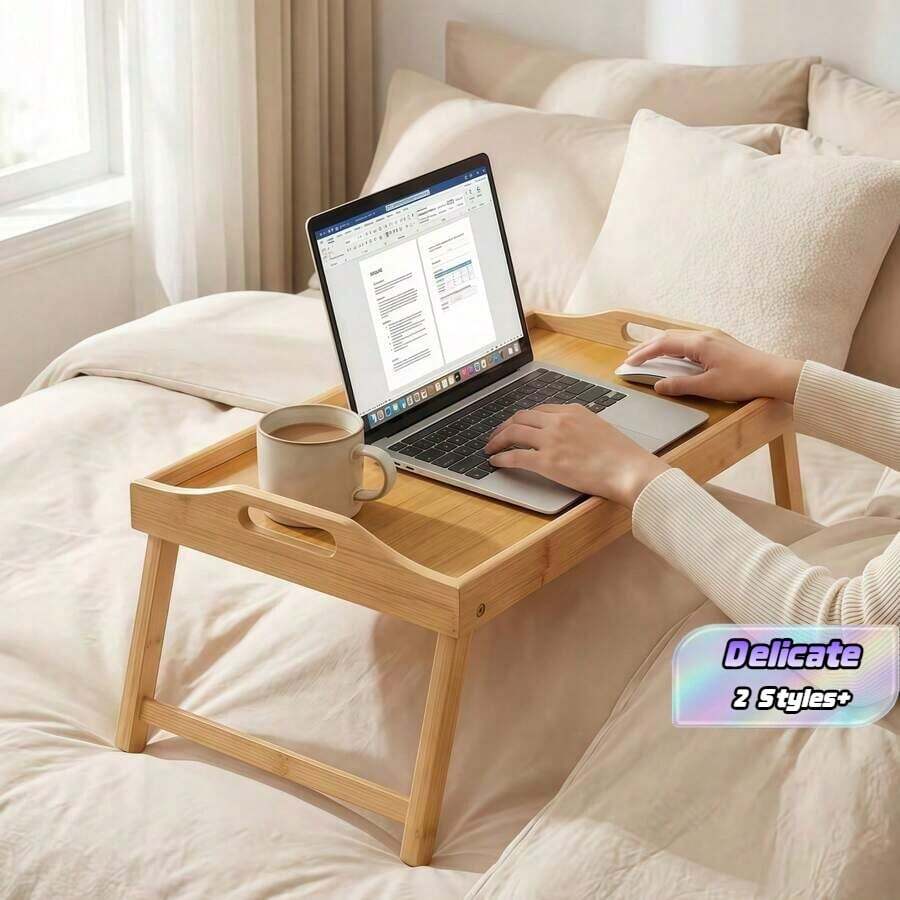 Folding Bamboo Laptop Table, Made Of Solid, Durable Bamboo, Single Piece Folding Design For Easy Storage, Side Handles + Tall Edge For Fixed Position, , Suitable As Breakfast Tray, - Multicolor - View 1