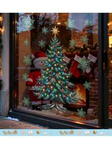 Vintage Christmas Tree Window Static Decals, Xmas Light Ornament Tree & Snowflake Stickers, Reusable Electrostatic Glass Decor For Storefront Restaurant Xmas Party Supplies - multicolor - View 4