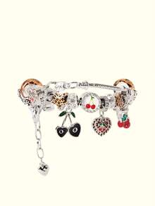 Popjeli Gelang Motif Leopard dan Cherry Charm 1, Gelang DIY Retro Cinta untuk Gadis Bintang - Perak - View 7