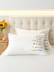 Cirelle 2pcs Embroidered Wildflower Pillowcases, Ultra Soft Polyester Pillow Covers With Colorful Floral Vine Border, White Botanical Pillow Shams For Bedroom Decor, Envelope Closure (No Insert) - White - View 3