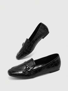 CUCCOO BIZCHIC Women Shoes Square Toe Flat Bottom Black Embossed Simple Metal Buckle Women's Flat Bottom Shoes Light And Comfortable Daily Commuting Casual Fall Shoes - Black - View 3