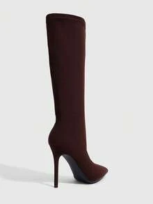 CUCCOO SZL Elegant Women's Pointed Toe Stiletto Heel Knee Boots In Dark Brown Faux Suede Fall Boots - Dark coffee - View 3
