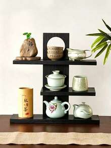 1pc Retro Wooden Perfume Rack, Vintage Solid Wood Multi-Layer Cosmetic Display Shelf - Black - View 7