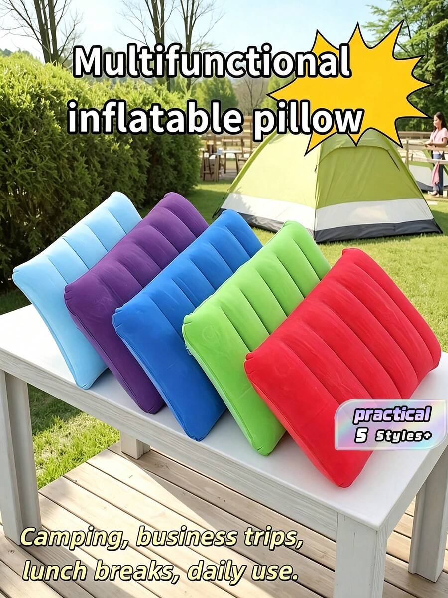 Ultra Soft Portable Flocked Inflatable Pillow Easy To Inflate Foldable Rectangular Nap Sleeping Pad Provides Neck Lumbar Support Lightweight Compact For Outdoor Camping Hiking Backpacking Travel Rest Practical Outdoor Travel Rest Accessory Supplies - multicolor - View 1