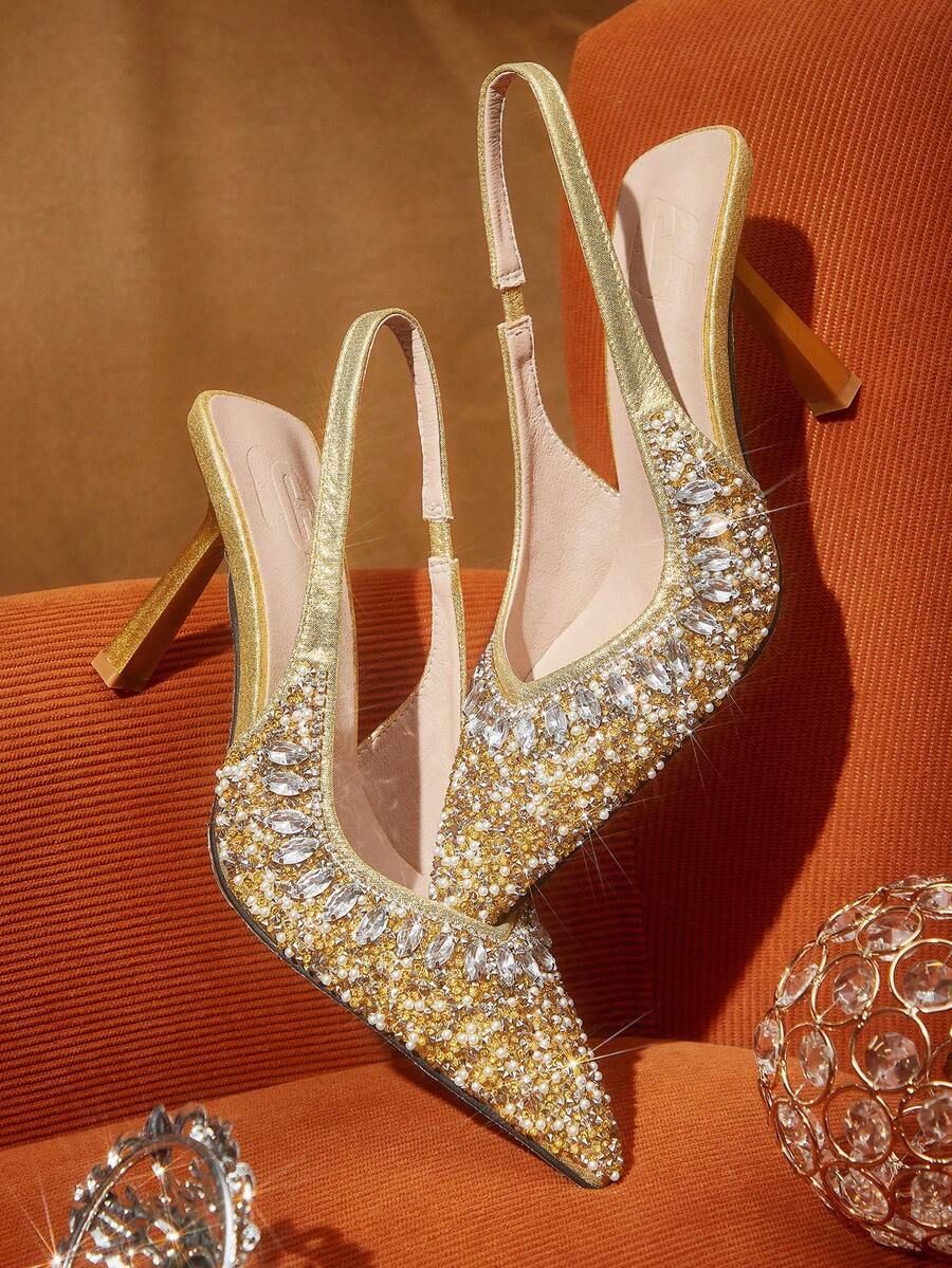 CUCCOO TILAWA Women's Elegant Pointed Toe High Heel Sandals With Rhinestones, Gold Colored, Suitable For Wedding For Vibe And Spring Shoes Spring Break Easter Prom Heels For Christmas Fall Shoes - Gold - View 1