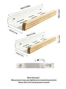 Drill-Free Wooden And Metal Floating Wall Shelf, Multi-Functional No-Drill Wall-Mounted Storage Rack, Ideal For Bathroom, Study, Kitchen, Laundry Room Decor And Organization - White - View 9