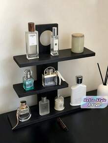 1pc Retro Wooden Perfume Rack, Vintage Solid Wood Multi-Layer Cosmetic Display Shelf - Black - View 1