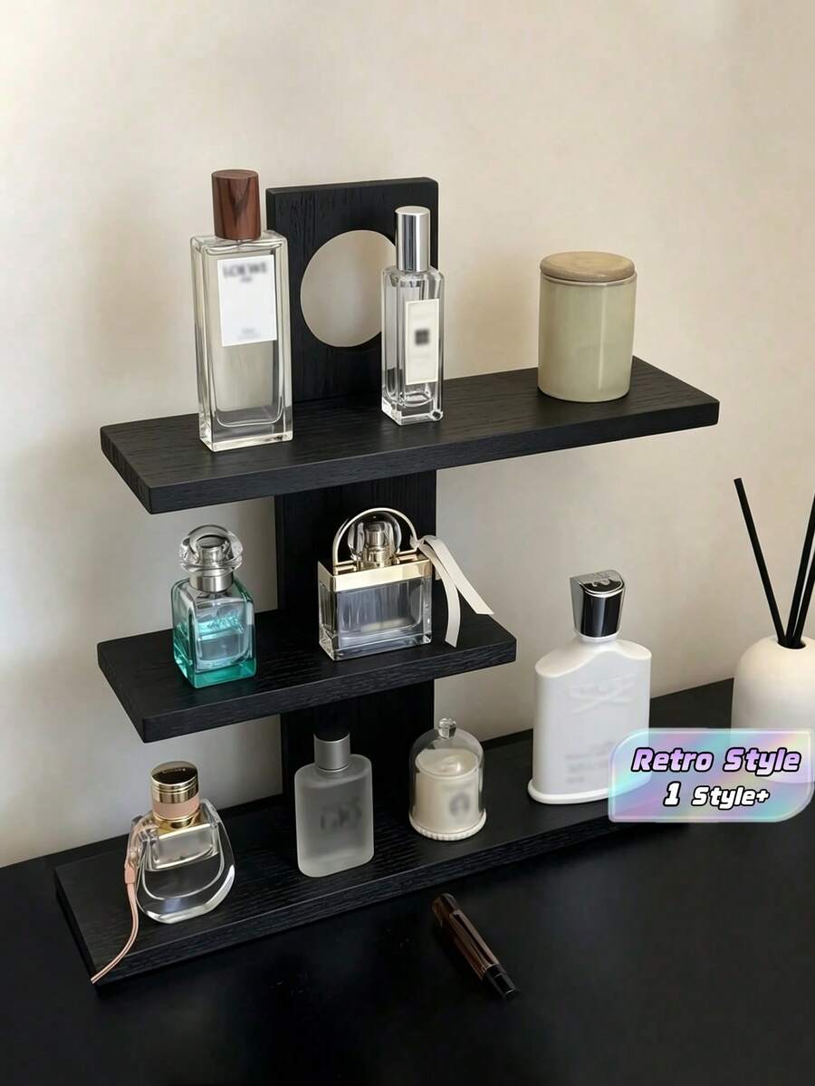 1pc Retro Wooden Perfume Rack, Vintage Solid Wood Multi-Layer Cosmetic Display Shelf - Black - View 1