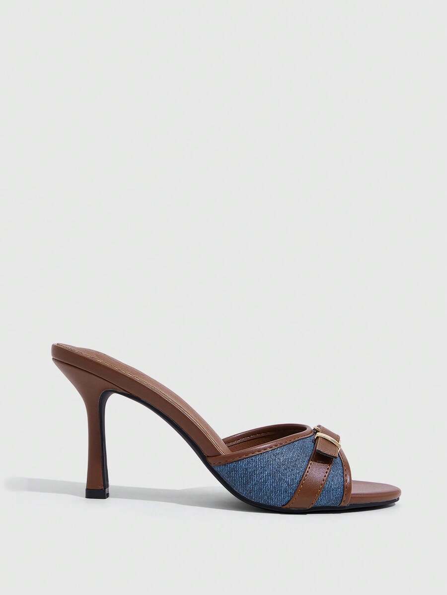 CUCCOO SZL Women Shoes Blue-Brown Mixed Color With Buckle Design Fashionable Round Toe Daily Commuter High Heel Sandals - Blue and brown mixed colors - View 1