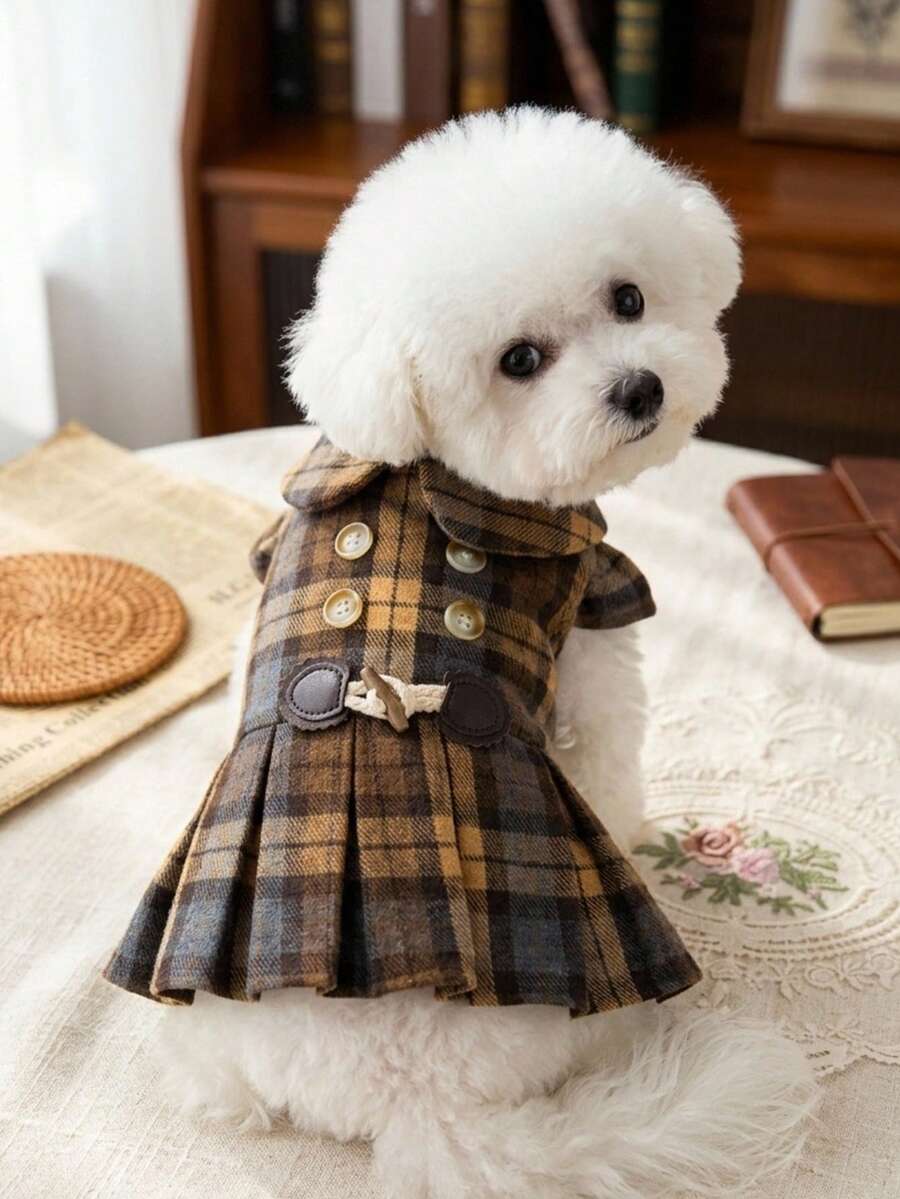 PETSIN Retro British Style Pet Plaid Dress Double Breasted Button Horn Buckle Pleated Skirt Autumn Winter Clothes For Small Dogs Cats - Brown - View 1