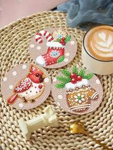 8pcs Diamond Painting Coasters Set, Christmas Crystal Art DIY Full Round Non-Slip Heat-Resistant Coasters For Holiday Party Craft Gift - Christmas - View 6