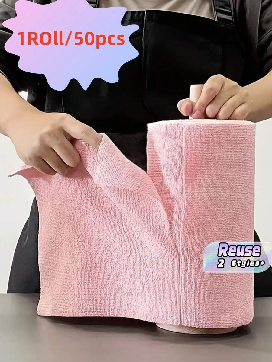 50PCS/1Roll Multi Colors Reusable Microfiber Towel Roll, Individually Wrapped Tear Off Design, Heavy Duty Super Absorbent Quick Dry Cleaning Cloth, For Kitchen Bathroom Outdoor RV 50+ Uses, Jumbo Roll Household Cleaning Supplies, Home Cleaning - Pink - View 1