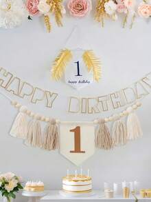 1PC First Birthday High Chair Banner Tassel Flower Garland Boho Style Party Decor Khaki Blue Gray Green Brown Wild Tassel Garland - View 7