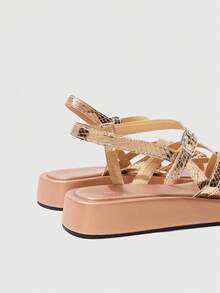 HighSole Spring And Summer New Multi-Belt Cross Back Buckle Design Open Platform Simple Versatile Style Champagne Women's Sandals Daily Commuting Shopping Wear - Champagne - View 7