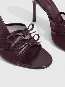 CUCCOO SZL Mesh Double Bow Slim Heel Sandals, Commuter Workplace Model - Burgundy - View 9