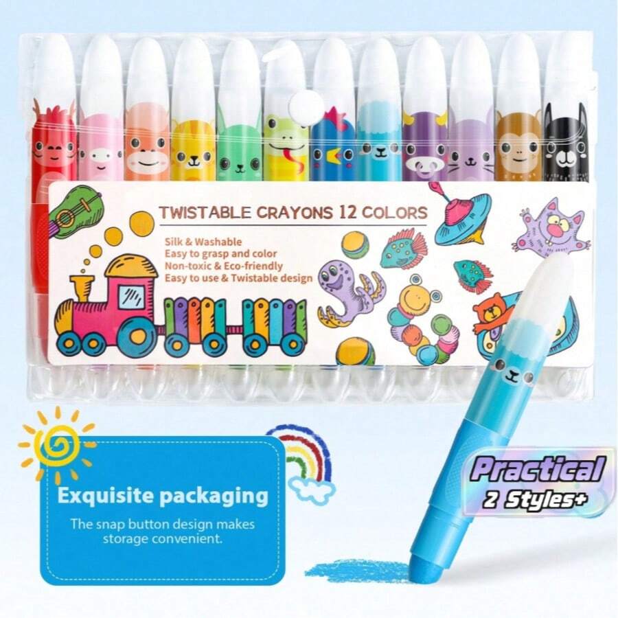 12/24pcs Cute Jumbo Wax Crayons, 12 Colors Rotary Wax Crayons, Washable Wax Crayons, Smooth Large Wax Crayons, Suitable For Coloring And Painting - multicolor - View 1