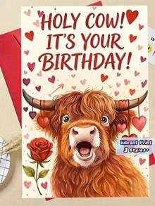 1件幽默高地牛「Holy Cow! It's Your Birthday!」生日卡，附信封，高級啞光紙，可愛高地牛與愛心插圖，適合牛迷的理想趣味生日卡 - 多色 - 查看 1