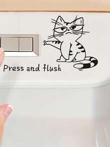 1pc Cute Cartoon Cat Toilet Sticker - "Press To Flush" Bathroom Decor, Self-Adhesive PVC Wall Decal, Suitable For Glass, Tile And Smooth Surfaces, No Heating Required, Easy Installation, Fun Design, Easy To Peel And Stick - Multicolor - View 2