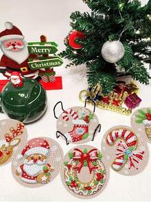8pcs Diamond Painting Coasters Set, Christmas Crystal Art DIY Full Round Non-Slip Heat-Resistant Coasters For Holiday Party Craft Gift - Christmas - View 2