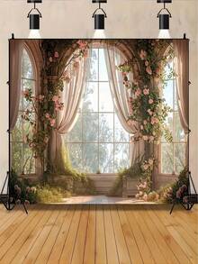 Charming Spring Rose Castle Window Backdrop - Multipurpose Polyester Fabric, Suitable For Easter, Birthday And Photo Booth, Easy To Hang - multicolor - View 3