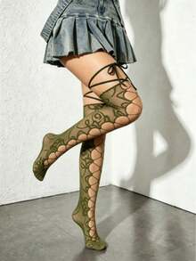 ROMWE 1Pair Sweet Kawaii Army Green Strap Hollow Over Knee Fishnet Socks - Army Green - View 2