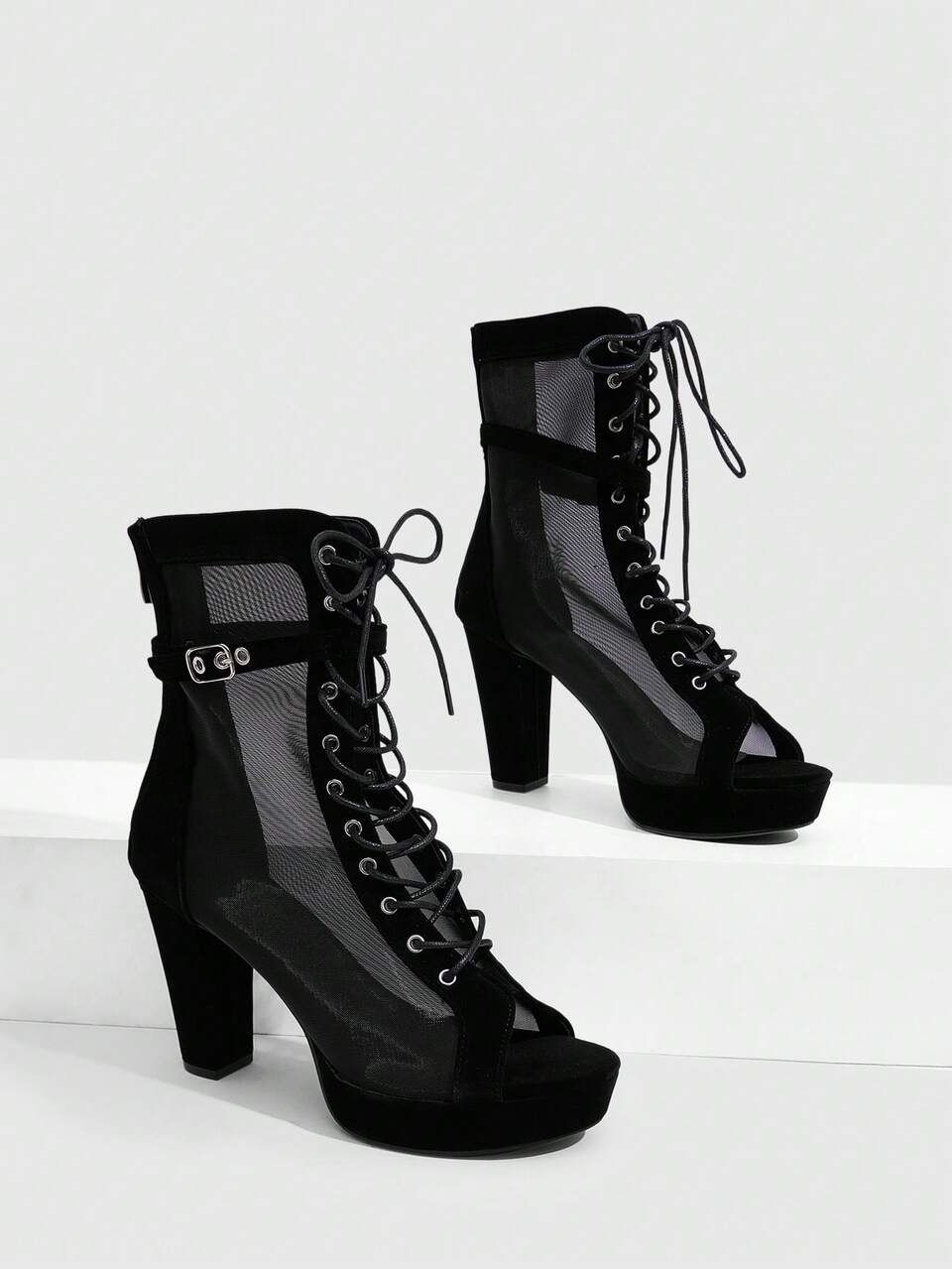 CUCCOO LuxiPop Black Mesh Peep Toe Sandals Fashion Ankle Boots Women Chunky Heel Thick Sole Lace-Up Buckle High Heel Punk Style Nightclub Dancing Boots