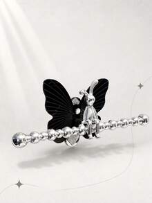 1Pc Decorative Butterfly Wall‑Mounted Storage, No‑Drill Self‑Adhesive, Beaded Towel Rack With Rhinestone & Non‑Rhinestone Hooks, Silver Acrylic Bathroom Vanity Organizer For Hairbands, Scrunchies And Towel Hanging - With rabbit - View 6