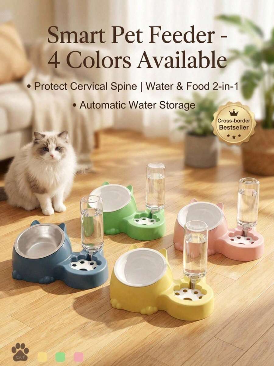 PETSIN Cat Bowl 2-In-1 Double Bowl Automatic Drinking Water, Cat Food, Dog Food Basin, Pet Universal Food Basin, Neck Protection, Anti Knock Feeding Device,Multiple Colors Available - 500ml - View 1