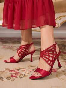 CUCCOO TILAWA Burgundy Satin Hollow Rhinestone Stiletto Sandals, Women's Light Luxury Rear Strap Buckle Open-Toed High Heels - Burgundy - View 7