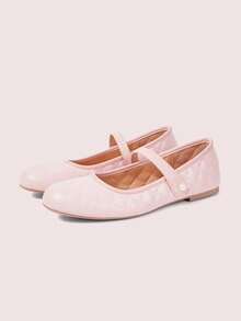 CUCCOO DOLLMOD Light Pink Rhombus Pearl Mary Jane Flat Shoes, Faux Pearl Decorative Buckle Fall Shoes - Pink - View 2
