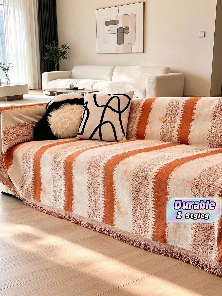 1pc Colorful Chenille Sofa Cover, One-Piece Sofa Protector With Tassel Design, All-Season Full Coverage, Pet-Friendly, Machine Washable, For Bedroom, Living Room, Office, Fits 1-4 Seater Sofa - Multicolor - View 1