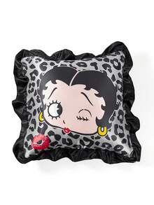 Betty Boop x SHEIN 1Pc Cute Cartoon Black Leopard Print Girl Pattern Pillow Cover, Black Ruffle Edge Design, Satin Material, Comfortable And Cool, Suitable For Spring And Summer Waist Pillows, Retro Bedding, Preferred For Gifts - Black - View 5