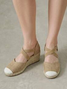 Styleloop Ladies, Rubber Band Cross Strap, Straw Rope, Sandals, High Heels. Fall Shoes - Khaki - View 6