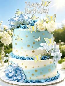 19 Buah Hiasan Kue Kupu-kupu dan Mawar Biru – Dekorasi Bunga Selamat Ulang Tahun, Tusuk Kue Kupu-kupu & Bunga 3D untuk Pesta Anak Perempuan - Beraneka warna - View 10