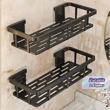 2pcs Wall-Mounted Bathroom Shelves, No Drilling Required - Large Capacity, Lightweight, Space-Saving Makeup And Toiletry Storage Rack, Stylish Metal Design, Hypoallergenic Plastic, Suitable For Bathroom And Kitchen, Bathroom Accessories - Black - View 2