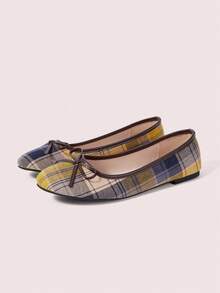 CUCCOO DOLLMOD Women's Plaid Ballet Flats, Round Toe Bow Slip-On Shoes, Retro College Style Daily Comfortable Commuting Women's Shoes - Yellow - View 2